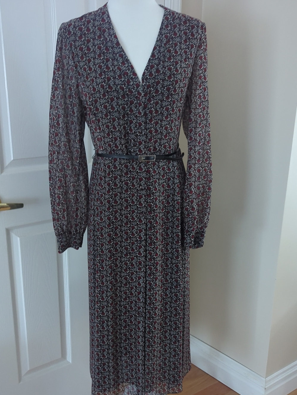 Michael Kors Wine and Black Floral Long Sleeve Midi Dress